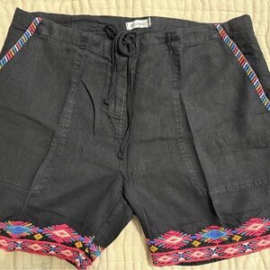 Johnny Was Black and Pink linen Shorts with Decorative embroidered Trim